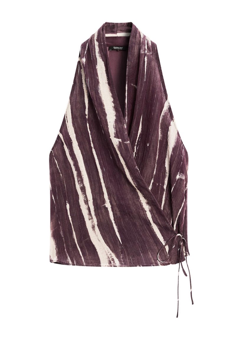 Wrap top in textured purple fabric with white stripes, featuring a V-neckline and a side tie detail for adjustable fit.
