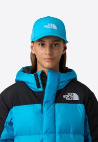 Mladý člověk oblečený v jasně modré a černé péřové bundě The North Face a odpovídající modré čepici, dívající se přímo vpřed s neutrálním výrazem.