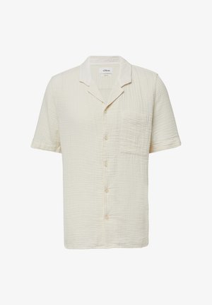 Beige shirt met korte mouwen, gemaakt van gestructureerde stof, met een voorkantzak, kraag en zes knopen aan de voorkant.