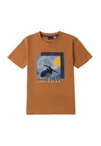 Brązowy bawełniany T-shirt z krótkimi rękawami, z niebieską grafiką surfera, żółtym słońcem i napisem „SOUTH POINT BAY.”