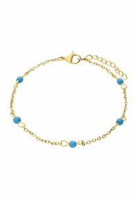 Gouden kettingarmband met ronde blauwe kralen, een verstelbare lengte en een stevige sluiting voor veilige bevestiging. Gladde metalen afwerking.