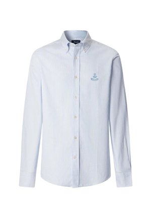 Jasnoniebieska koszula w białe paski z długim rękawem i kołnierzykiem zapinanym na guziki, z małym haftowanym logo na lewej piersi.