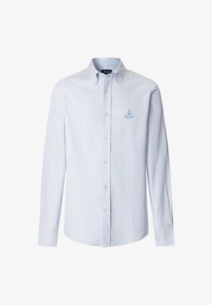 Jasnoniebieska koszula w białe paski z długim rękawem i kołnierzykiem zapinanym na guziki, z małym haftowanym logo na lewej piersi.