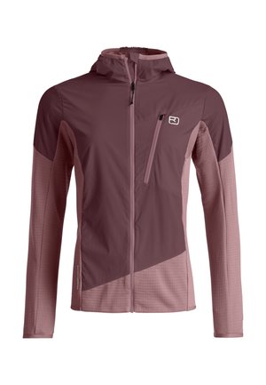 Leichte zweifarbige mauvefarbene Jacke mit Kapuze, durchgehendem Frontreißverschluss, Brustreißverschlusstasche und langen Ärmeln, entwickelt für den Outdoor- oder sportlichen Gebrauch.
