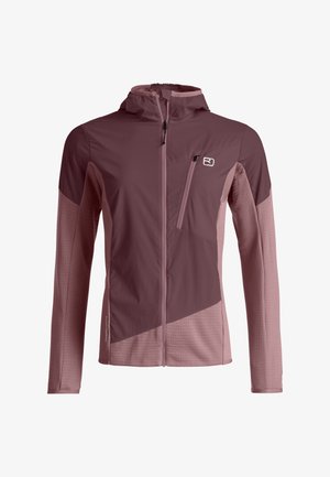 Leichte zweifarbige mauvefarbene Jacke mit Kapuze, durchgehendem Frontreißverschluss, Brustreißverschlusstasche und langen Ärmeln, entwickelt für den Outdoor- oder sportlichen Gebrauch.