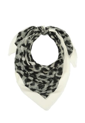 Black and grey leopard print scarf with a soft texture and white trim, featuring a triangular shape and fringed edges, tied in a loop.