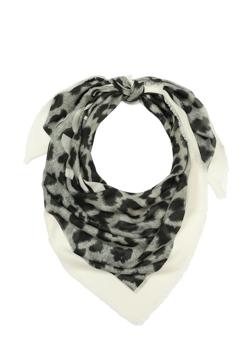 Black and grey leopard print scarf with a soft texture and white trim, featuring a triangular shape and fringed edges, tied in a loop.