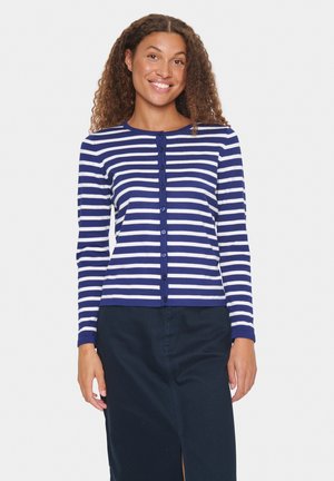 Marineblauwe en witte gestreepte lange mouwen cardigan met een ronde halslijn, knoopsluiting en een zachte, gestructureerde stof.