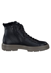 Bottine en cuir noir avec col en fourrure matelassé, fermeture éclair latérale, lacets à l'avant et semelle épaisse en caoutchouc marron avec motif de la bande de roulement.