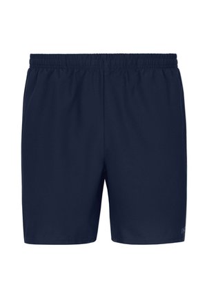Navy blue swim shorts with an elastic waistband. Smooth texture and simple design, featuring no additional patterns or accents.
