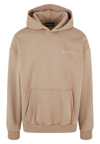 Beige Kapuzenpullover mit einer vorderen Tasche, gerippten Bündchen und Saum, einer verstellbaren Kapuze und einem gestickten "Dropsize"-Logo auf der Brust. Weiches Fleece-Material.