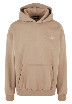Bež dukserica s prednjim džepom, rebrastim manžetama i rubom, kapuljačom s vezicom i izvezenim logotipom "Dropsize" na prsima. Mekani flis materijal.
