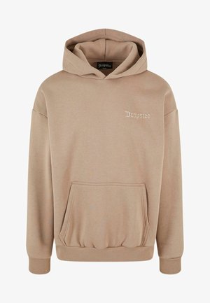 Sweat à capuche beige avec une poche frontale, des poignets et un ourlet côtelés, une capuche avec cordon de serrage, et un logo "Dropsize" brodé sur la poitrine. Matière en molleton douce.