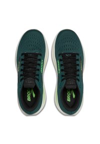 Tyrkysové bežecké tenisky s vrchnou časťou z sieťoviny, čiernymi šnúrkami a žiarivými zelenými akcentmi. Obsahujú perforácie pre priedušnosť a polstrovanú podrážku.