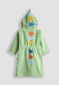 Grüner Frottee-Robe mit Kapuze, verziert mit bunten Filzspikes in Orange, Blau und Gelb entlang des Rückens und der Kapuze. Elastischer Bund.