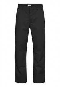 Black trousers made of lightweight fabric, featuring a straight-leg design, front button closure, and no visible patterns or accents.