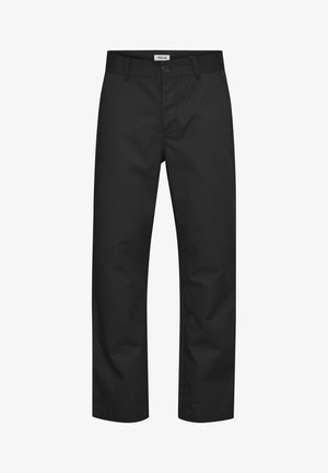 Pantalons noirs en tissu léger, avec une coupe droite, fermeture à bouton sur le devant et sans motifs ni accents visibles.