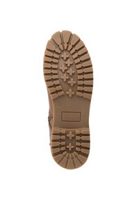 Bruine leren laarzenzool met een robuust loopvlak, voorzien van kruisvormen voor grip en een rechthoekig logo-label. Maat 42 aangegeven.