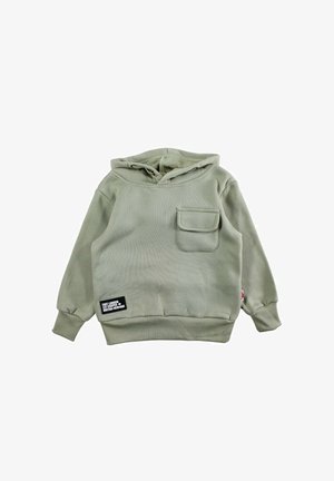 Sweat à capuche vert olive en mélange de coton doux. Comprend une poche kangourou, des poignets côtelés et une étiquette cousue à l'ourlet.