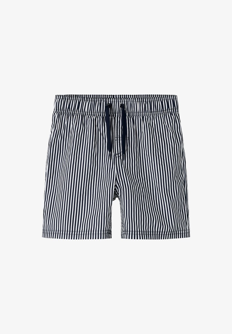 Short de bain rayé vertical bleu marine et blanc avec taille élastique et cordon de serrage bleu marine foncé.