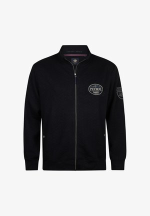 Zwarte jas met ritssluiting gemaakt van een gestructureerd materiaal, met een ronde logopatch op de borst en geribbelde boorden en kraag.