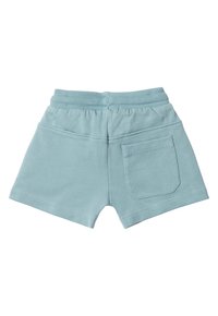 Himmelblaue Baumwollshorts mit einem elastischen Bund, einer Gesäßtasche und einer glatten Textur. Die Shorts haben ein schlichtes Design und eine kurze Länge.
