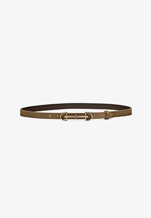Suede belt in olive green with a thin profile, featuring a gold-tone metal buckle and adjustable strap with multiple holes.
