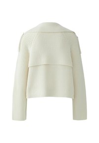 Cremfarbener, gerippter Strickpullover mit langen Ärmeln, einem umgeschlagenen Rückenbereich und einem breiten Kragen, von hinten gezeigt.