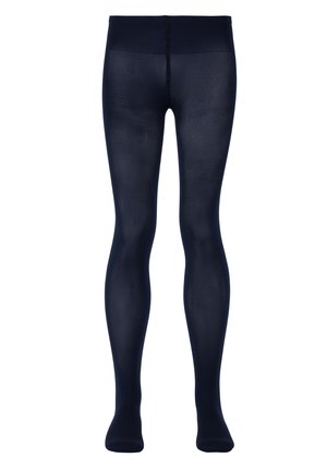 Marineblaue Strumpfhosen mit einer glatten, transparenten Textur und einem hohen Bund, die dazu entworfen sind, eng an den Beinen und Füßen zu sitzen.