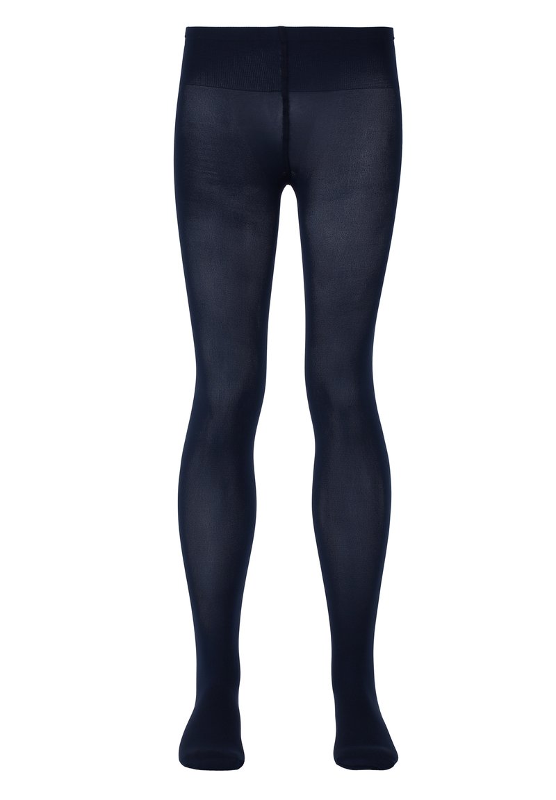 Mørkeblå strøm tights med en glat, gennemsigtig struktur og et højt taljeled, designet til at sidde tæt langs benene og fødderne.