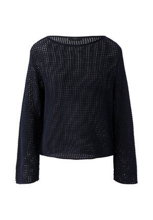 Zwarte lange mouw gebreide trui met opengewerkt patroon en een ronde hals.