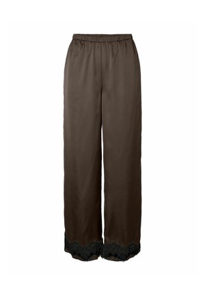 Brune bukser med vide ben, elastisk talje og sort blondetrim ved kanten, vist mod en hvid baggrund.