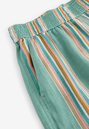 Gestreifte tealfarbene Stoffshorts mit einem smockierten Bund. Sie verfügen über vertikale Streifen in Pink, Gold und Weiß und bieten seitliche Taschen.