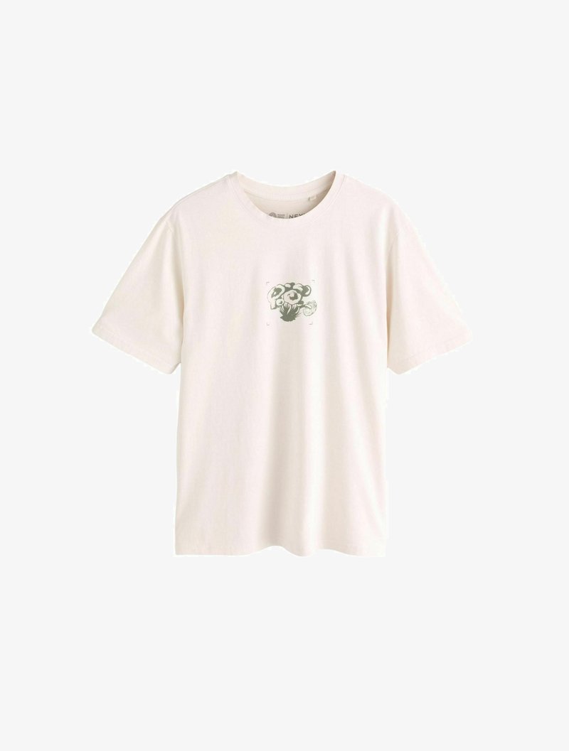 Tricou din bumbac bej deschis, cu mânecă scurtă și decolteu rotund. Prezintă o mică imprimare grafică verde pe față.