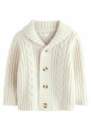 Cream-colored knitted baby cardigan with cable patterns, wooden buttons, and a folded collar.