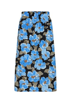 Kwiatowa midi spódnica z dużymi niebieskimi kwiatami na czarnym tle, z elastycznym paskiem w talii i gładką fakturą materiału.