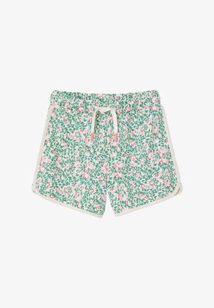 Short white shorts with green leaf and pink flower print, elastic waistband, white drawstring with pink tips, and white edging on sides.
