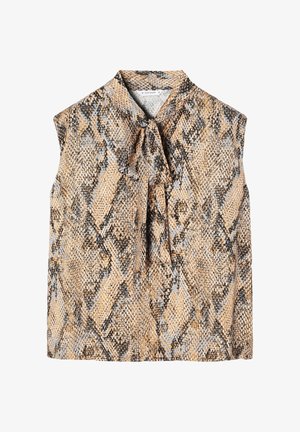 Bluzica bez rukava s uzorkom zmijske kože u bež, crnoj i sivoj boji. Iza vrata se nalazi detalj s vezanjem od mekanog, teksturiranog materijala.