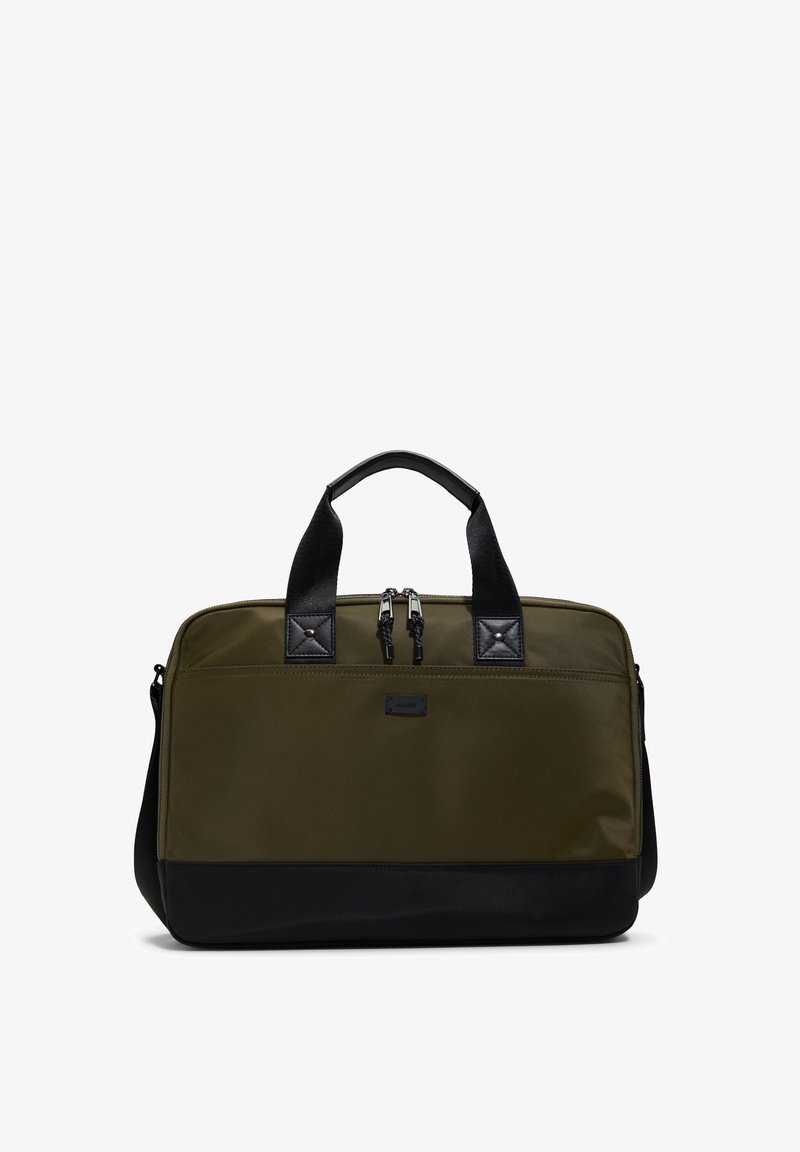 Olive green fabric bag with black accents, dual top handles, two zippered compartments, and a rectangular shape. Features square hardware details.