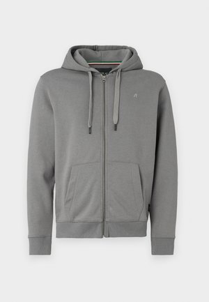 Grå zip-up hoodie lavet af blødt stof, med hætte, to frontlommer og ribbede manchetter, med et logo på venstre bryst.