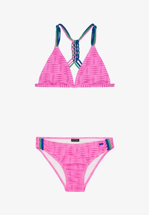 Roze bikini set met een driehoekig top met een geweven achterkant, en bijpassende slips met gekleurde accenten aan de zijkanten.