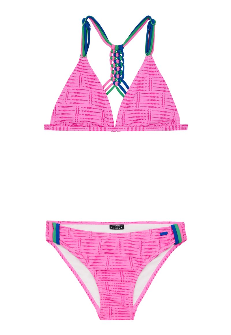 Roza bikini set koji se sastoji od trokutastog topa s tkanim dizajnom na leđima i odgovarajućih gaćica s obojenim akcentima sa strane.