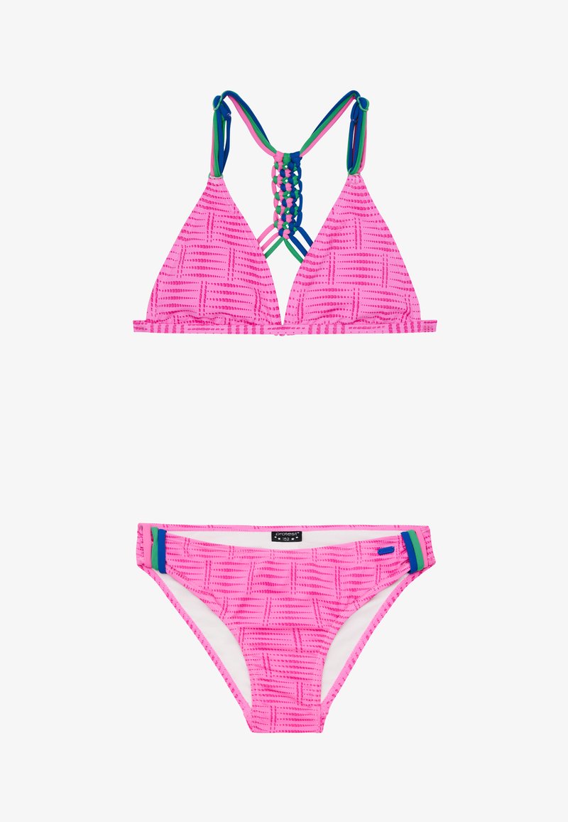 Completo bikini rosa con top triangolare caratterizzato da un design della schiena intrecciato e coordinati slip con dettagli colorati sui lati.