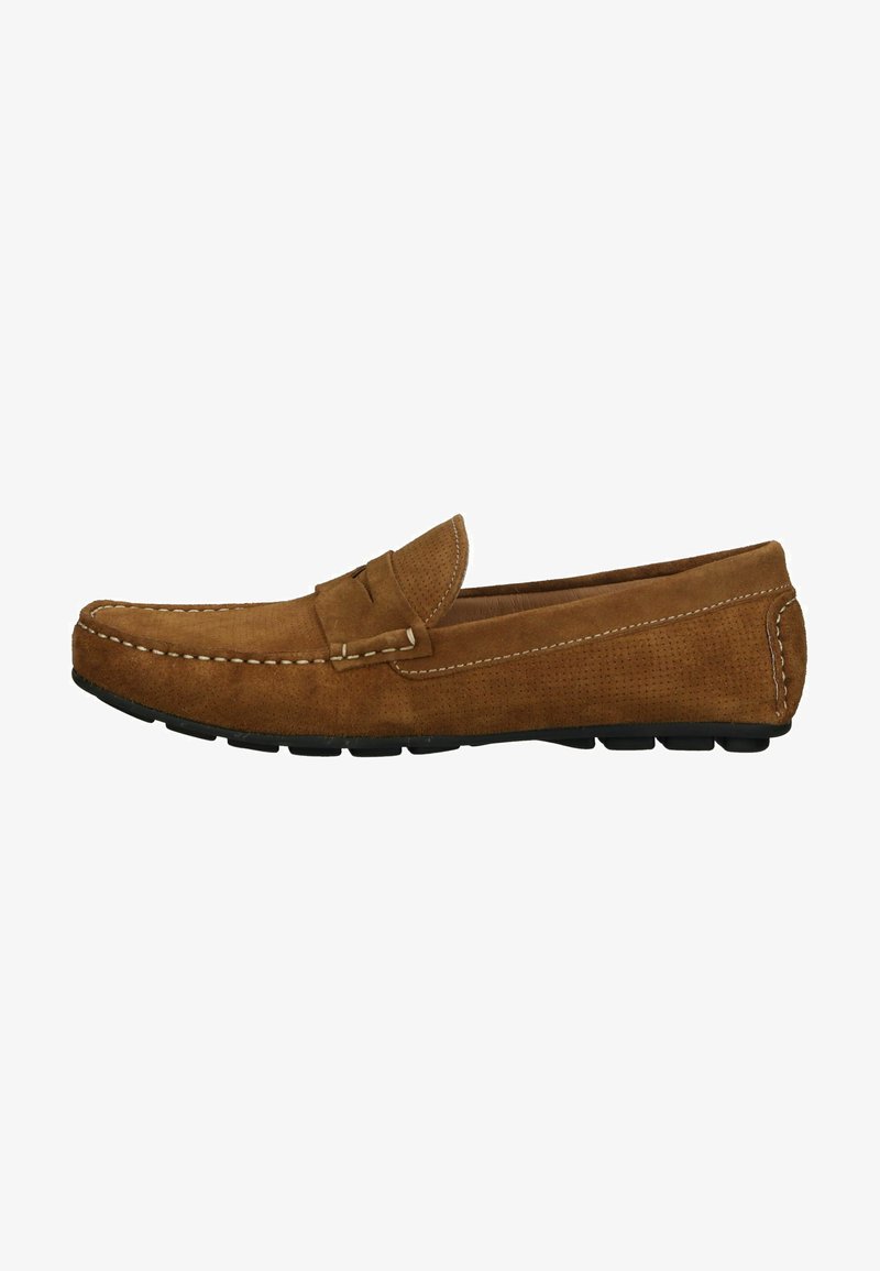 Braune Wildlederslipper mit gesticktem Design, featuring einem dekorativen Riemen und perforierten Details. Schwarze Gummisohle mit strukturiertem Grip.