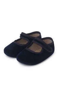 Zapatos Mary Jane de terciopelo azul marino con punta redonda, tira elástica en la parte superior y suave forro interior para mayor comodidad.