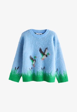 Světle modrý chlupatý svetr se vzorem zelené trávy na lemu a rukávech, s dvěma létajícími kachnami v zelené, bílé, černé a oranžové barvě.