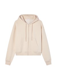 Beżowa bluza z kapturem, zapinana z przodu na zamek, z długimi rękawami i kieszenią typu kangur. Miękka tkanina i ściągacze przy dolnej krawędzi zapewniają dopasowane noszenie.