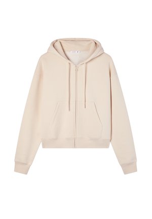 Felpa beige con cappuccio, apertura con zip frontale, maniche lunghe e tasca a marsupio. Tessuto morbido e polsini a costine all'orlo per una vestibilità aderente.