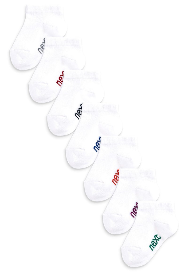 Weiße Knöchelsocken mit buntem „next“-Logo in Rot, Blau, Dunkelblau, Lila und Grün. Weicher Baumwollmix mit gerippten Bündchen. Set mit fünf Paar.