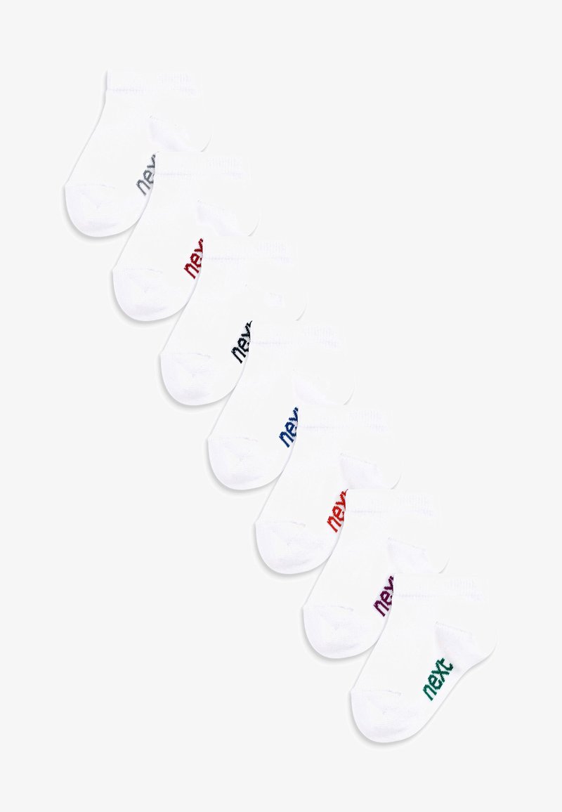 Weiße Knöchelsocken mit buntem „next“-Logo in Rot, Blau, Dunkelblau, Lila und Grün. Weicher Baumwollmix mit gerippten Bündchen. Set mit fünf Paar.
